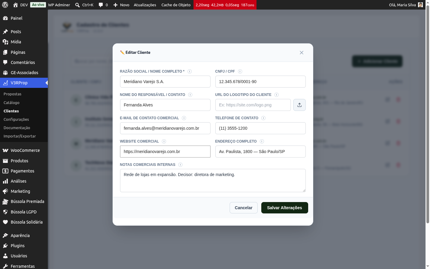 Formulário de cadastro de cliente