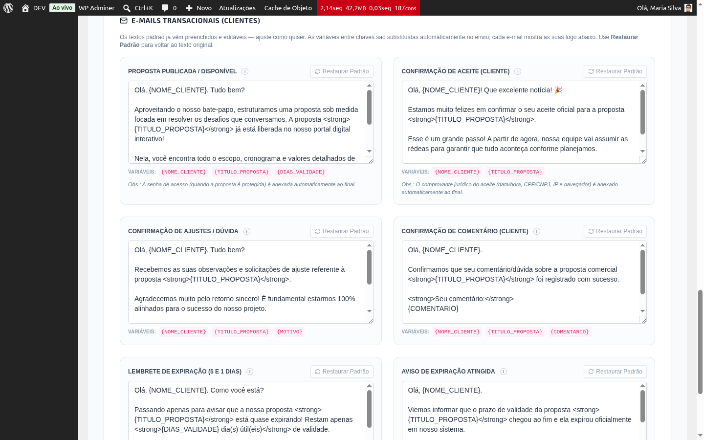 Seção de templates de e-mail nas Configurações