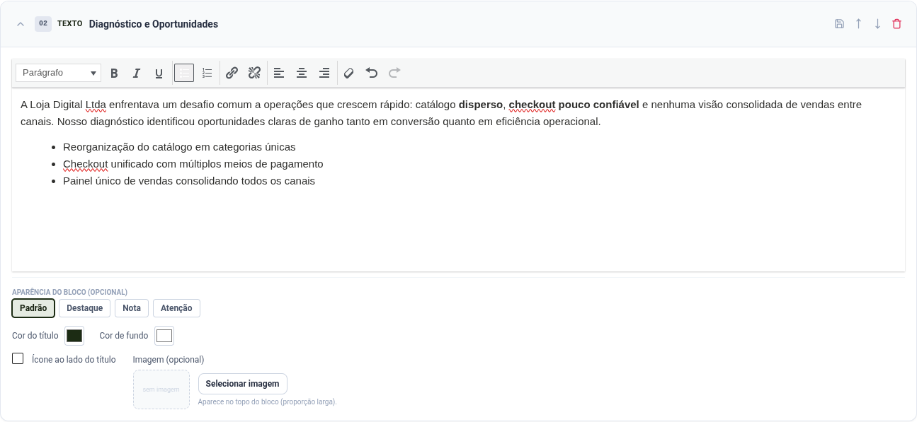 Bloco de Texto com o editor de texto formatado e sua barra de ferramentas