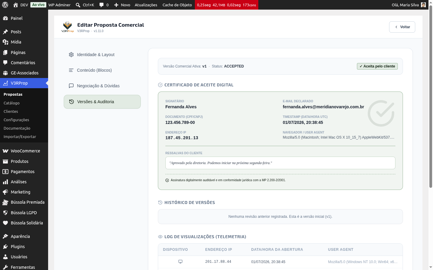 Aba de histórico com o certificado de aceite e os logs de visualização