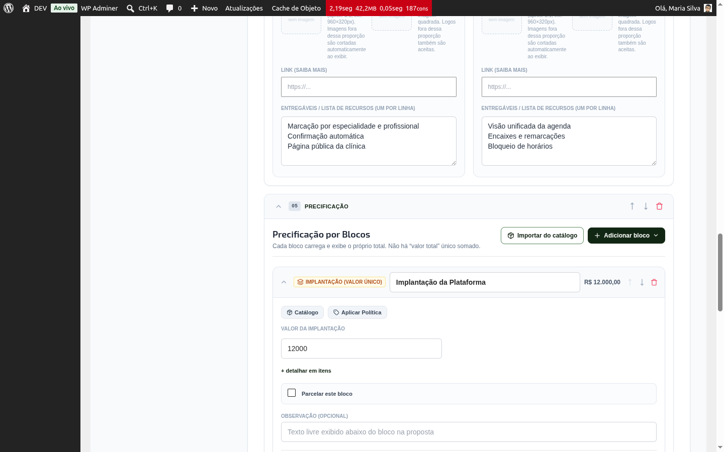 Bloco de precificação expandido no editor
