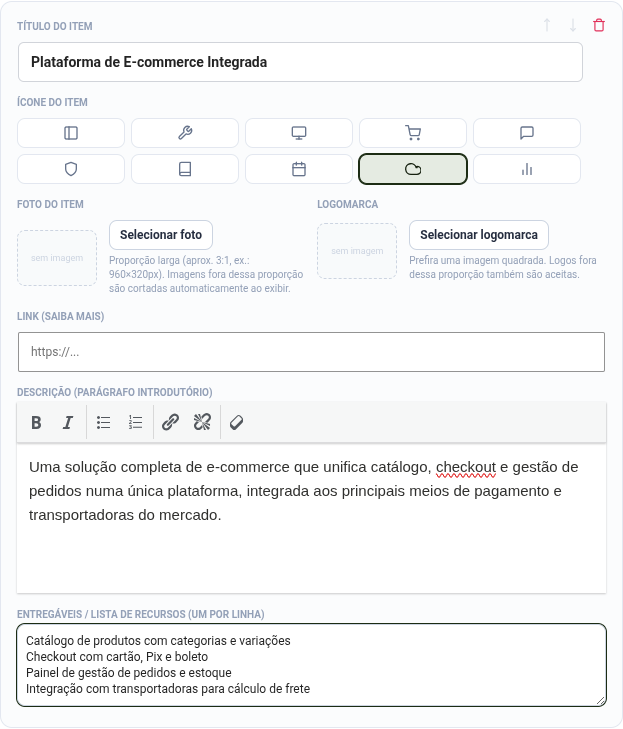 Campos de descrição e entregáveis num item de Produtos e Serviços