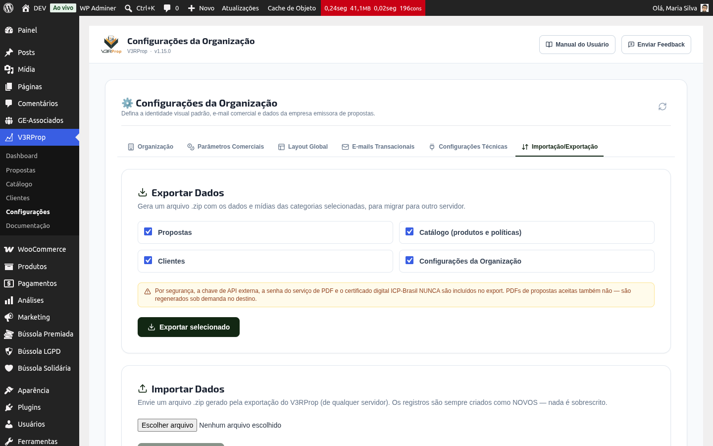 Aba Importação/Exportação dentro de Configurações