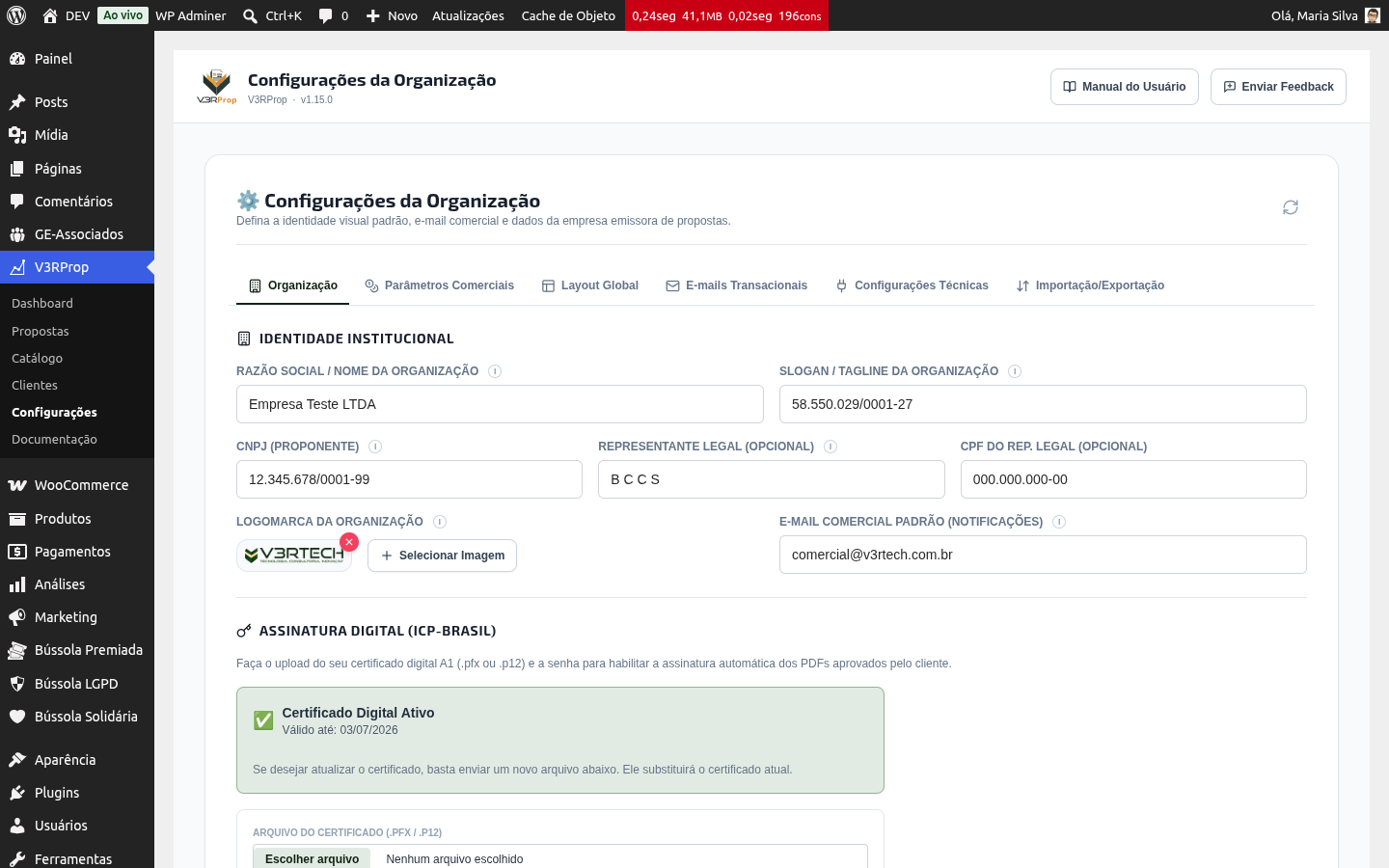 Configurações da Organização, aba Organização, com a barra de abas no topo