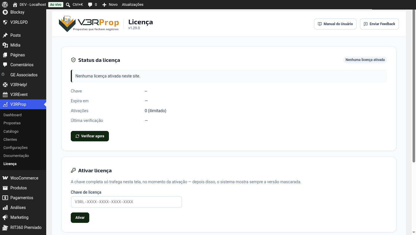 Tela de Licença do V3RProp, sem nenhuma licença ativada