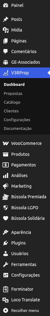 Menu do V3RProp no WordPress, com os itens Dashboard e Propostas