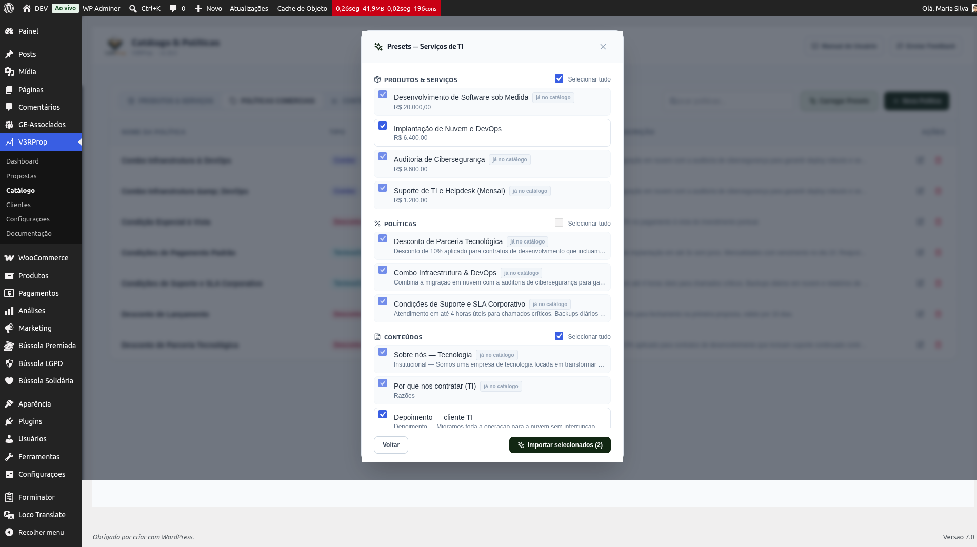 Tela de seleção de presets, com os grupos Produtos & Serviços, Políticas e Conteúdos