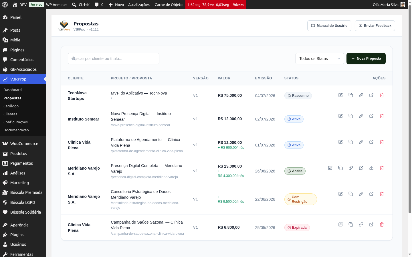 Lista de propostas do V3RProp com busca, filtro por status e a tabela