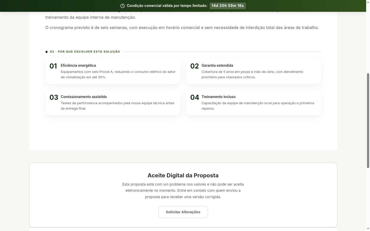 Proposta pública com o aceite bloqueado: no lugar do botão de aceitar, o aviso de problema nos valores, com o botão Solicitar Alterações ainda disponível
