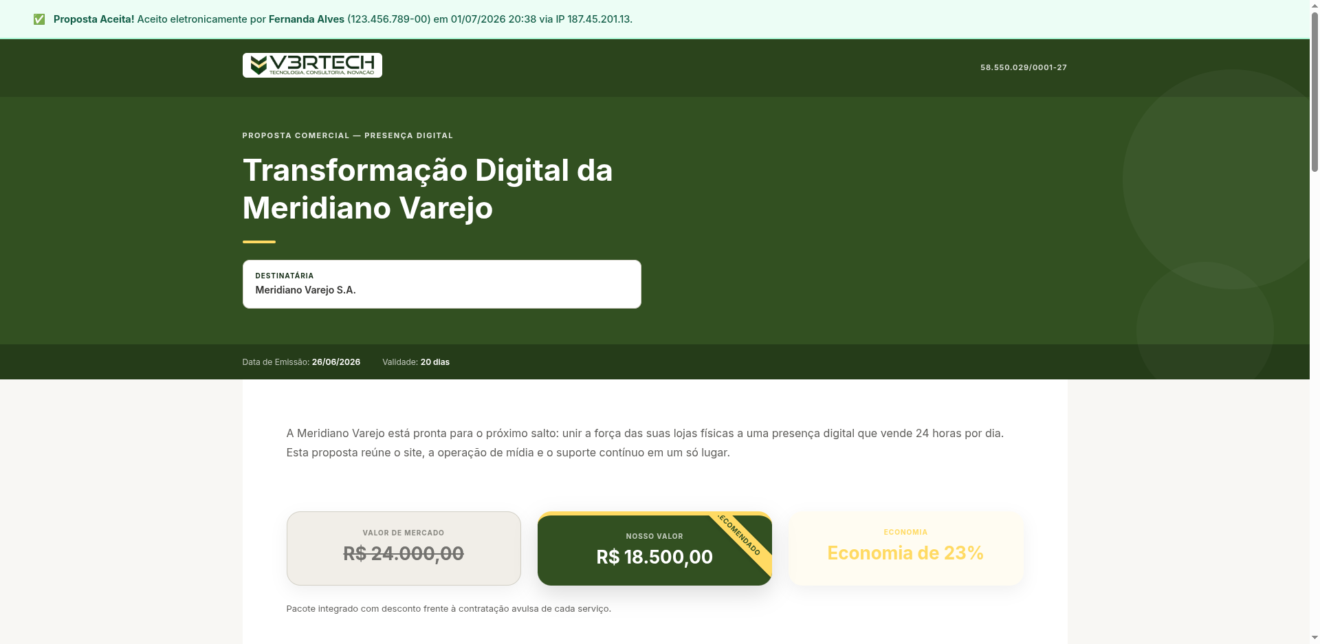 Topo da proposta pública, com a capa e a identidade do cliente