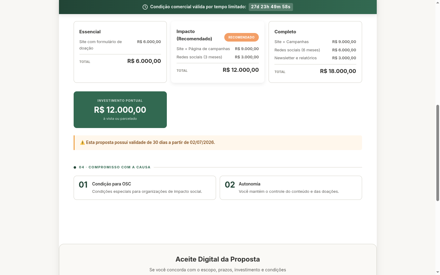 Pacotes comparados lado a lado na proposta pública