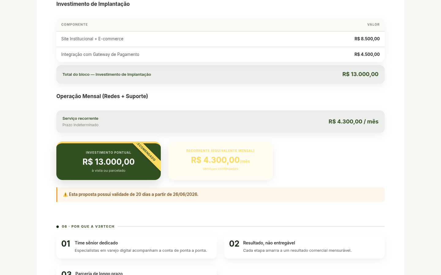 Seção de precificação na proposta pública